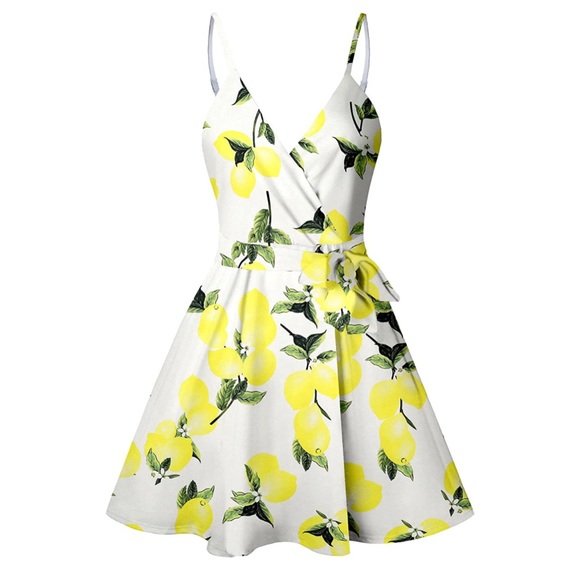 Plus Size Dress Summer V Neck Lemon Floral Skater Dress - Picture 4 of 5